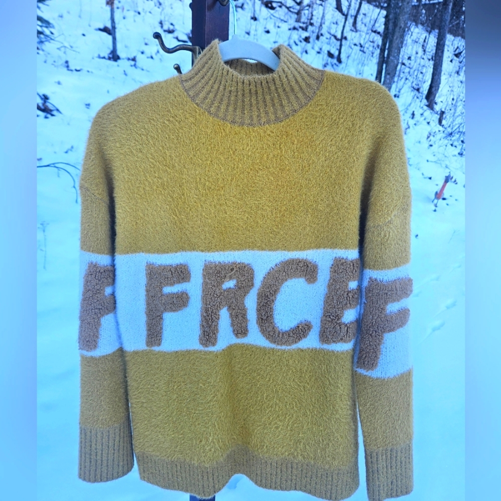 FERRACHE Sweater Portugal Womens Size Small Furry Mock Turtleneck Mustard Yellow